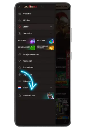 Legion Bet downloaden via menu Dutch optie