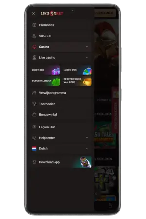 LegionBet downloaden app navigatiemenu en opties