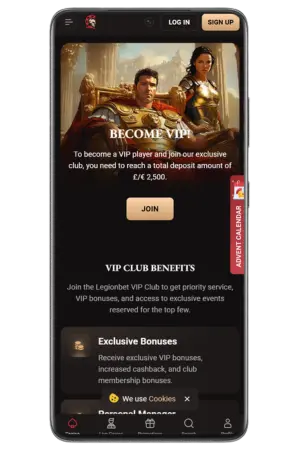 LegionBet download menu showing Casino games and APK option