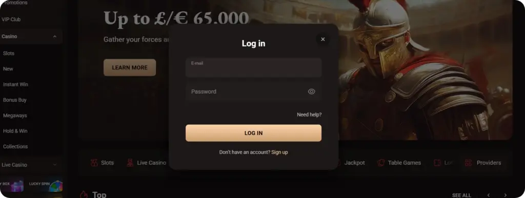 Legionbet Casino login form